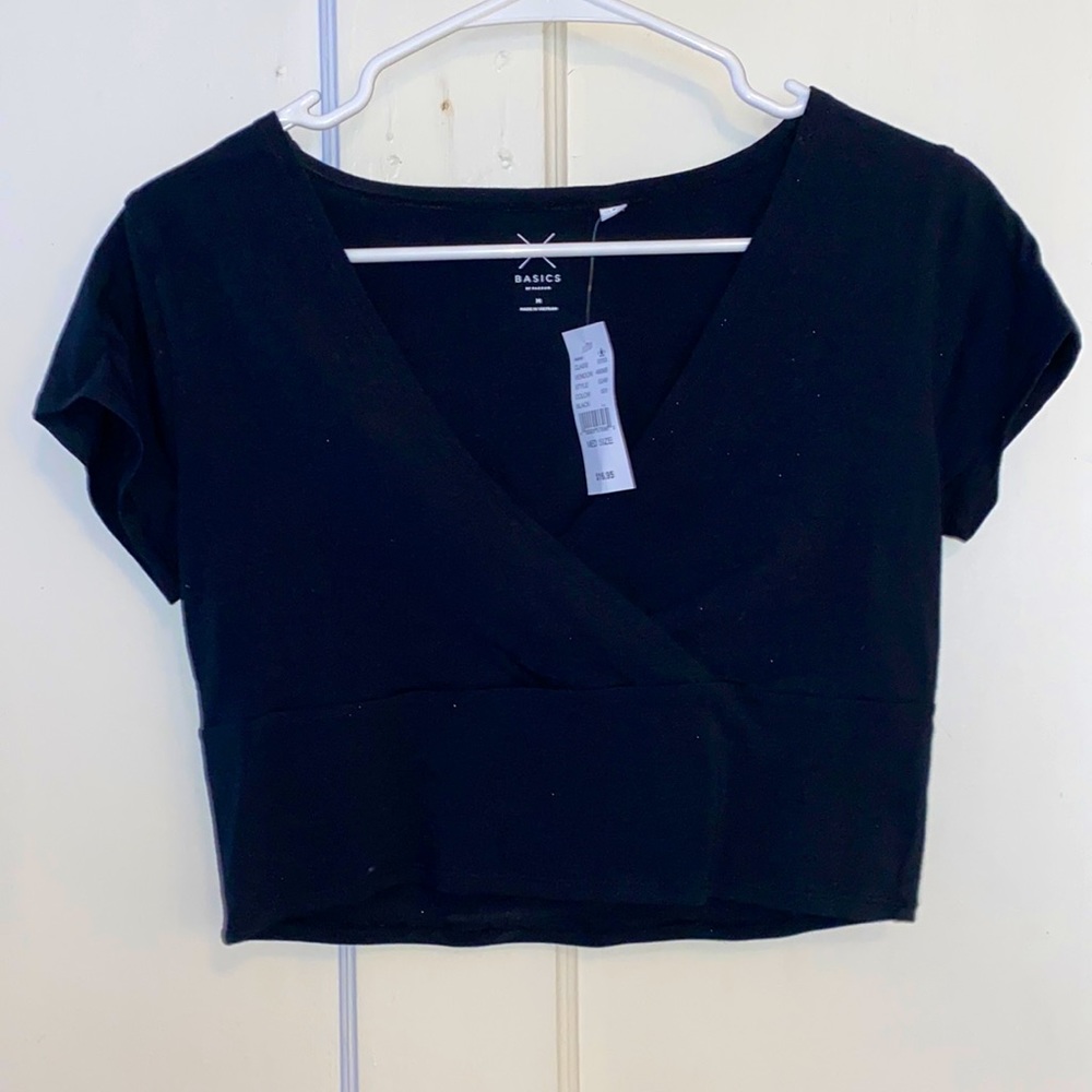 black wrap front short sleeved top